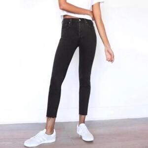 Denim Forum The Yoko High Rise Slim Jeans Black Raw Hem Cropped Womens Size 24